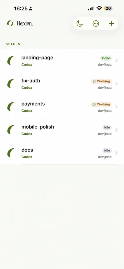 Herden Spaces selector with generic sample projects and their agent status